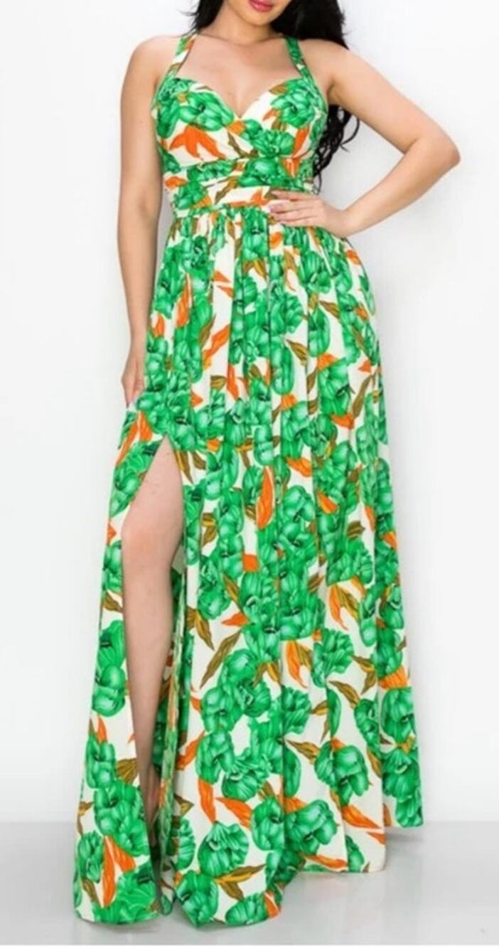 Maxi Dress Green Floral Poly Challi Bra Pad pleated New Small $160 retail resort